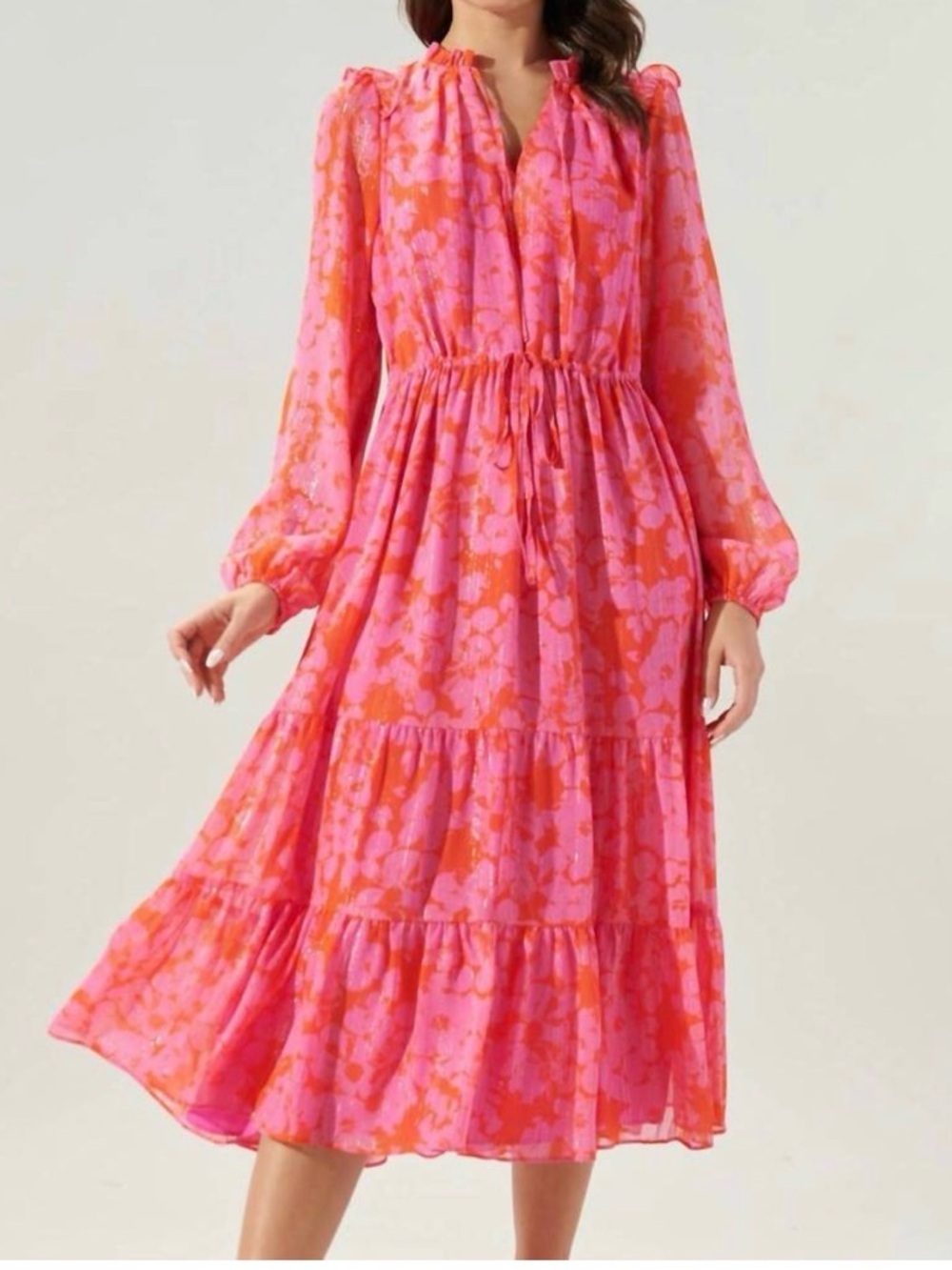 Sugarlips Carolina Realper Pink & Orange Floral Tiered Long-Sleeve Midi Dress